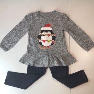 Sparkly Heather Gray Sweater Top with Penguin Graphic Print and Dark Leggings 4T